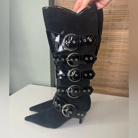 Jeffrey Campbell Seatbelt Black Suede Black Patent Buckle Heel Boots - Picture 3 of 11